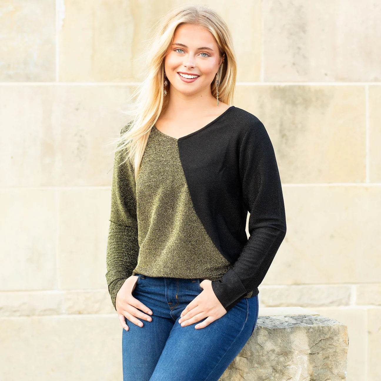 V Neck Shimmer Color Block Top