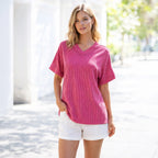 Ribbed V-Neck Short Sleeve Top