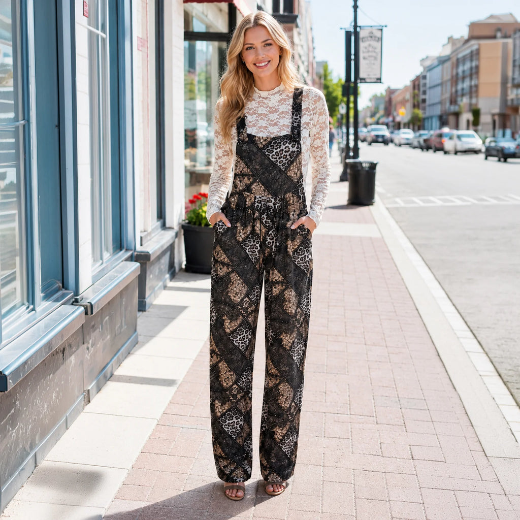 Paisley Patchwork Print Wide Leg Overalls with Pockets