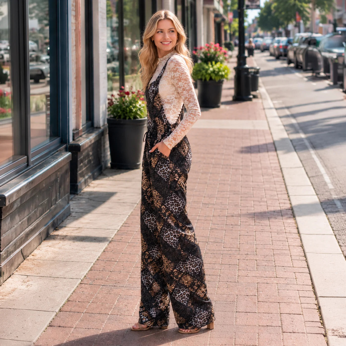 Paisley Patchwork Print Wide Leg Overalls with Pockets