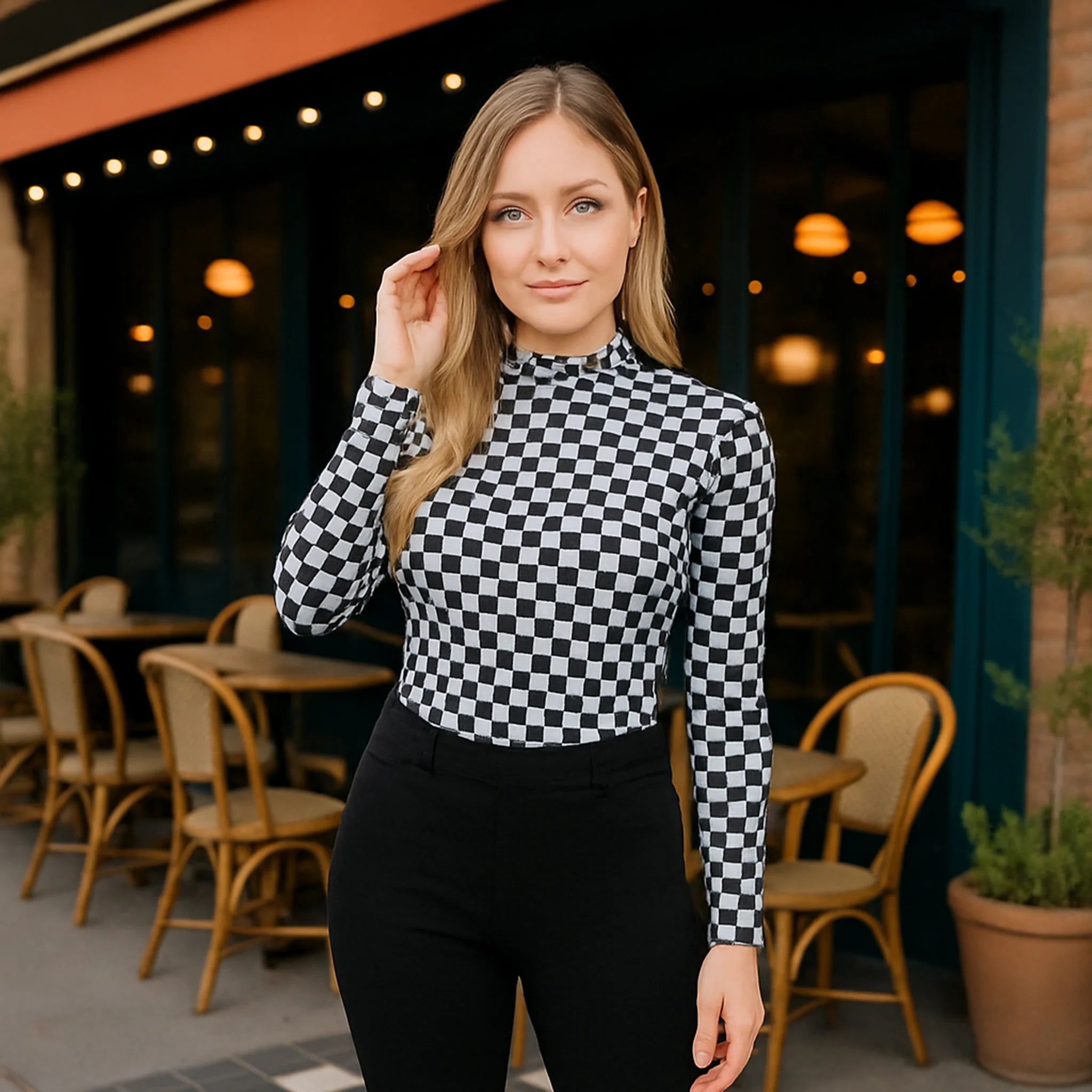 Mesh Long Sleeve Checkered Top