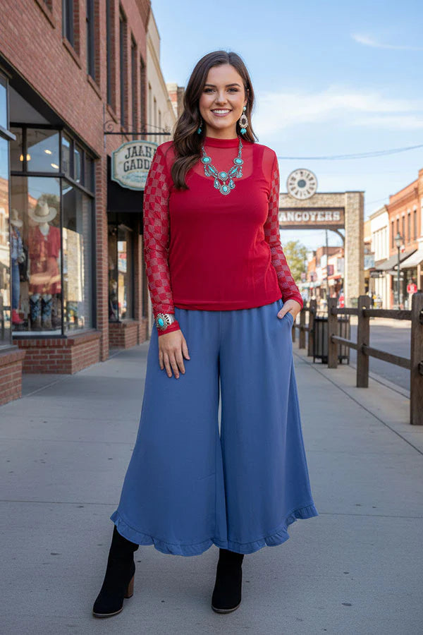 Solid color blue ruffles wide leg women pant