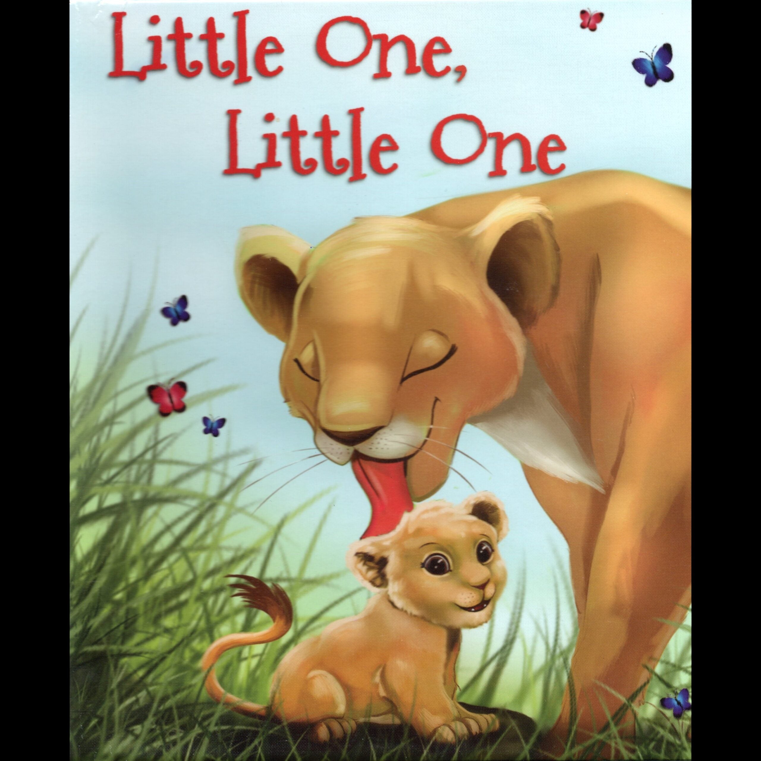 Book cover of 'Little One, Little One' featuring a lioness and cub in a grassy setting with butterflies.
