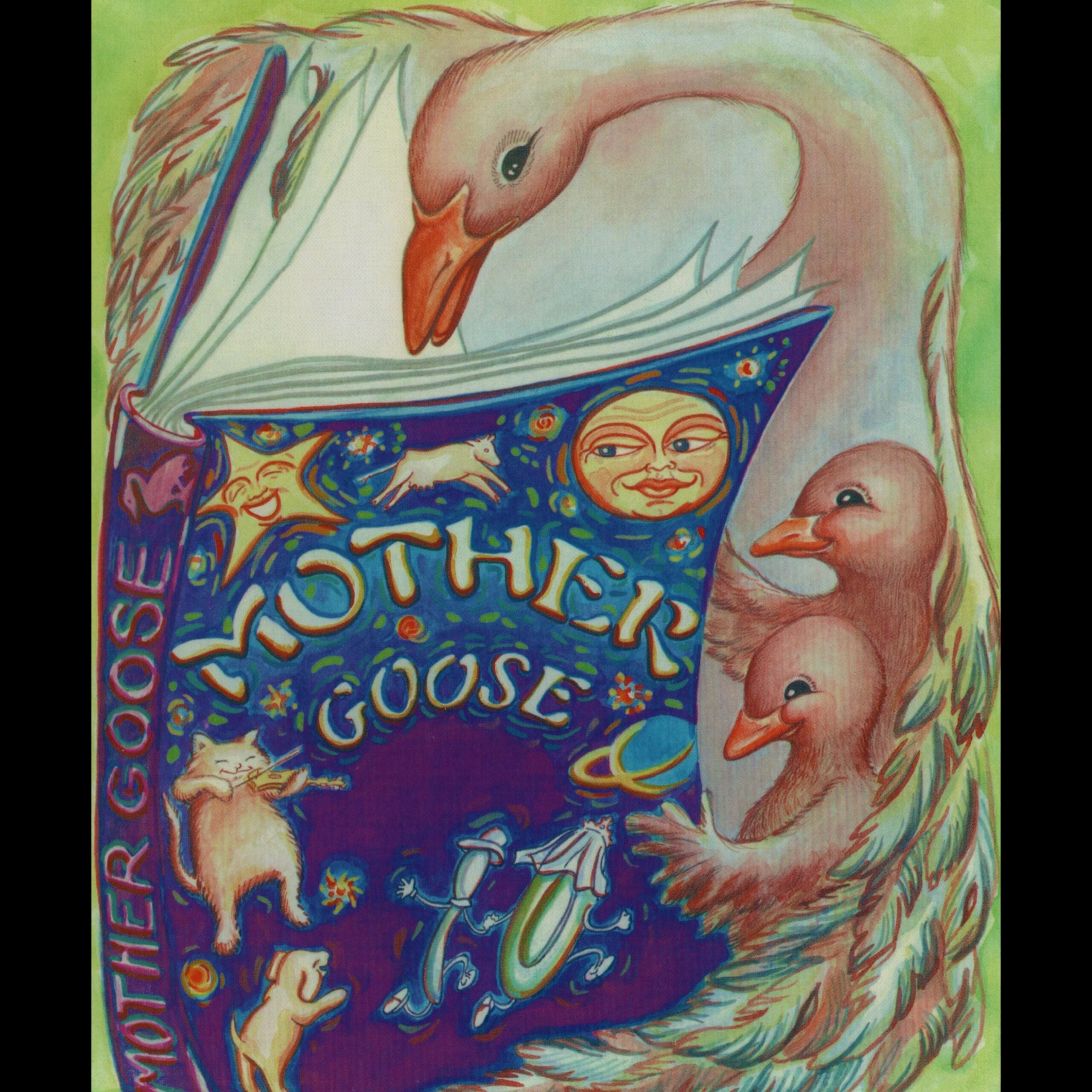 Illustration of a goose reading a 'Mother Goose' book with colorful illustrations on a green background.