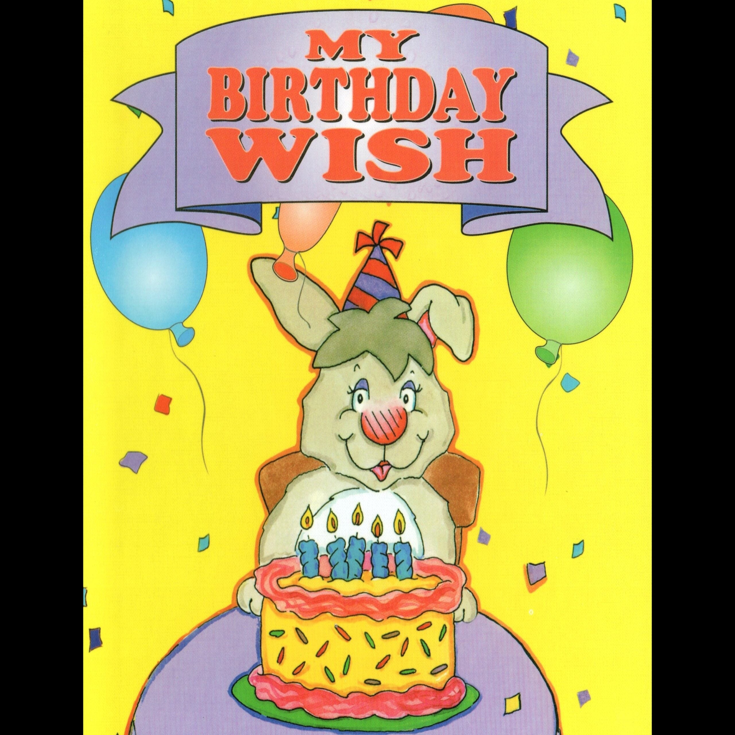 Cartoon rabbit with birthday cake and balloons on a yellow background with 'My Birthday Wish' text.