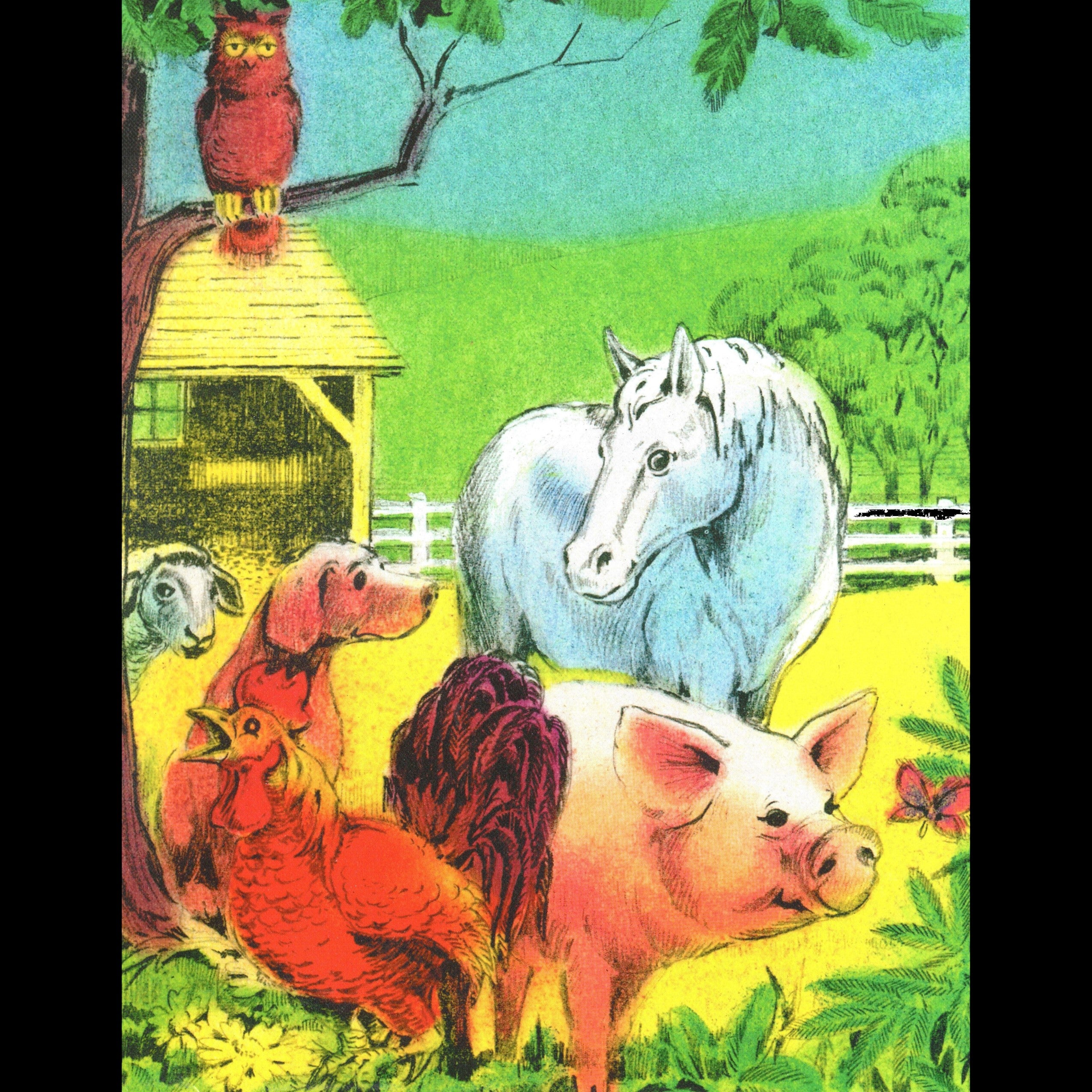 Colorful illustration of farm animals including a horse, dog, and pig in a grassy field with a butterfly.