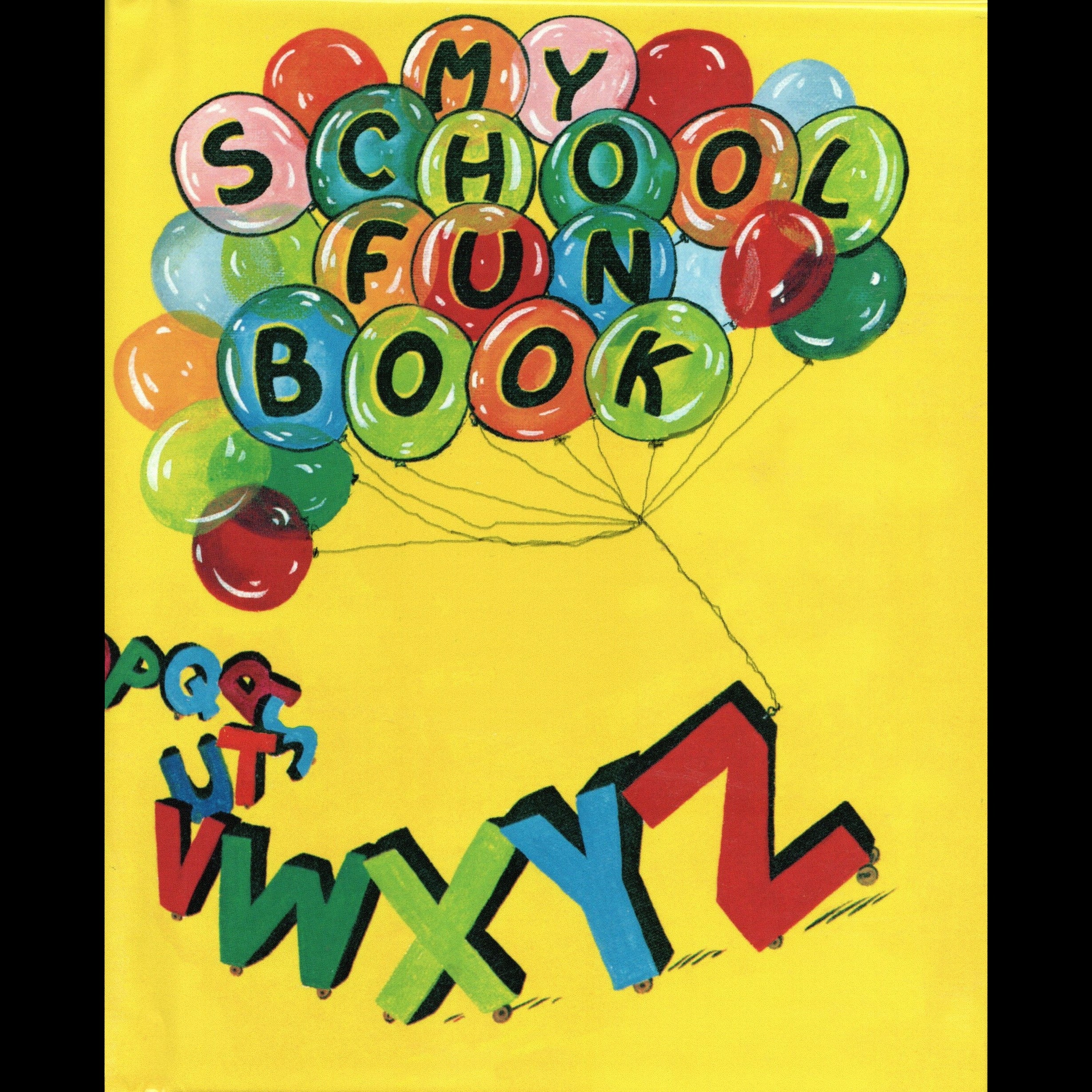 Book cover with colorful balloons and alphabet letters on a yellow background