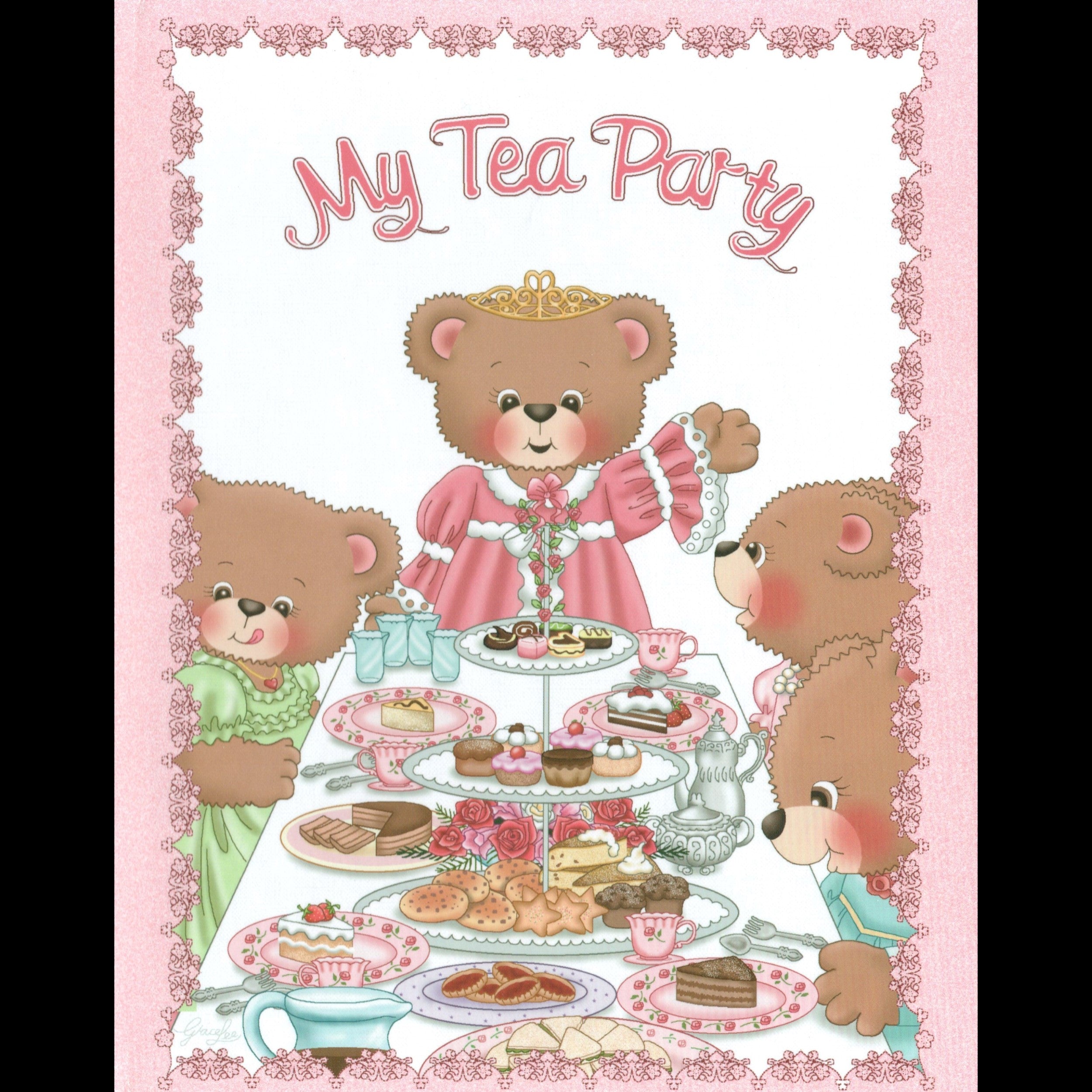 Illustration of teddy bears at a tea party with 'My Tea Party' text.