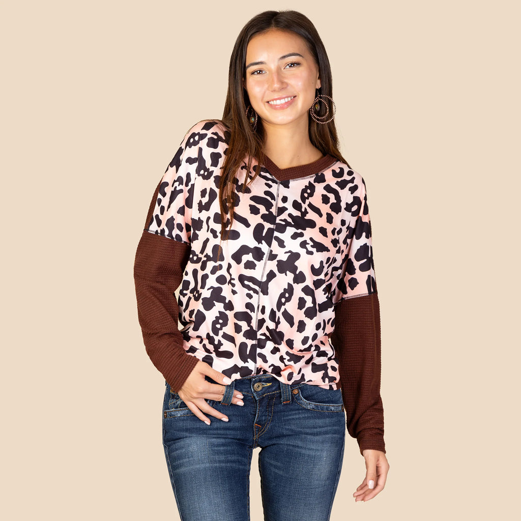 Pink Leopard Top with Waffle Knit