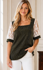 Ribbed Lace Puff Sleeve Top