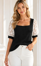 Ribbed Lace Puff Sleeve Top