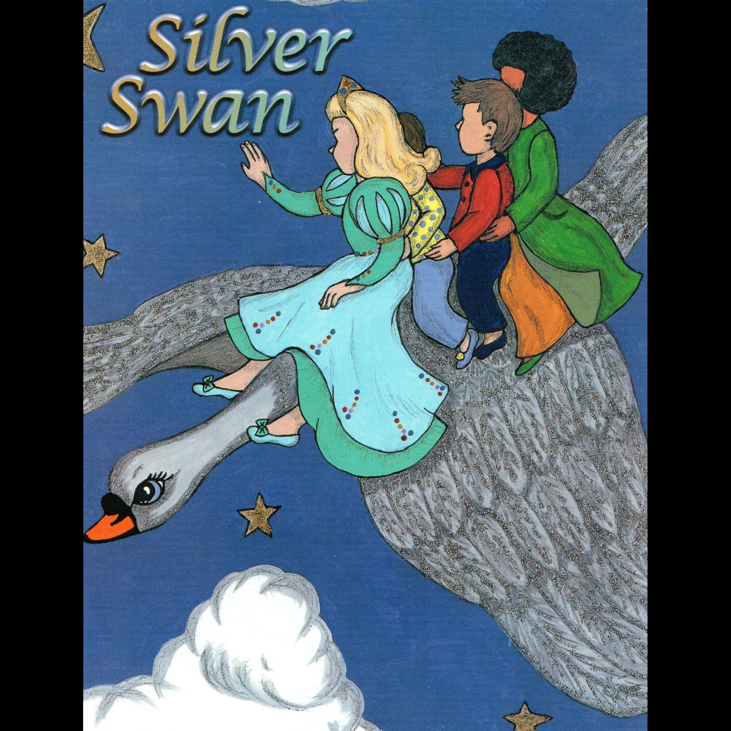 Book cover of 'Silver Swan' with illustration of a swan and two people on a cliff.