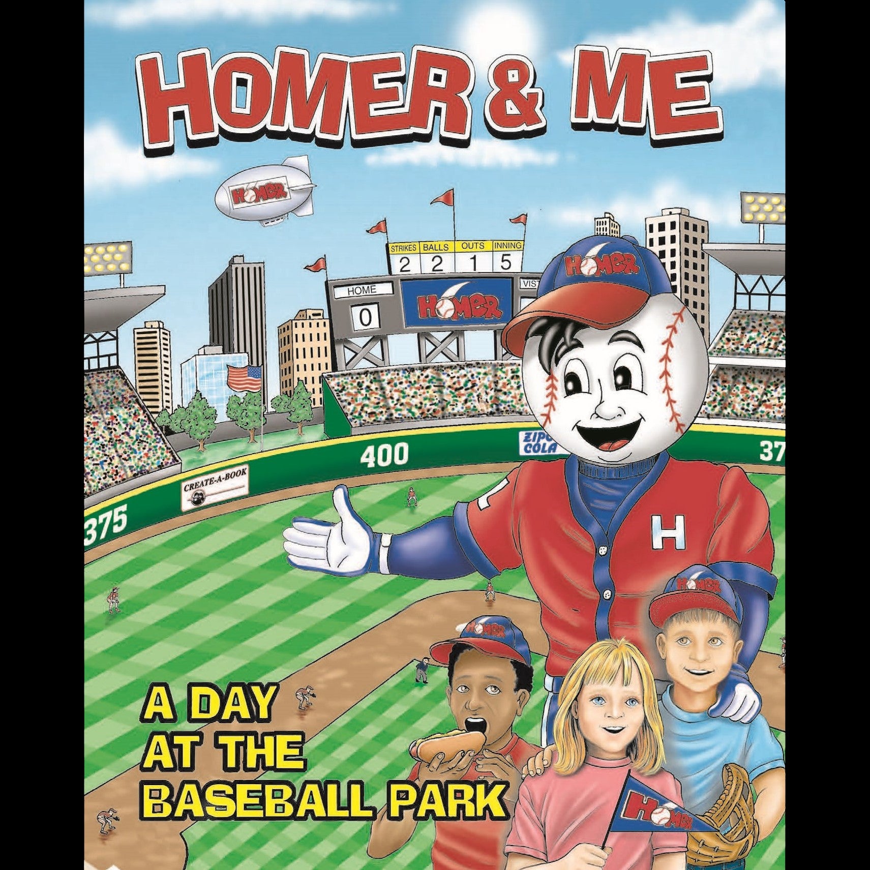 Book cover of 'Homer & Me: A Day at the Baseball Park' with a cartoon character and children on a baseball field.